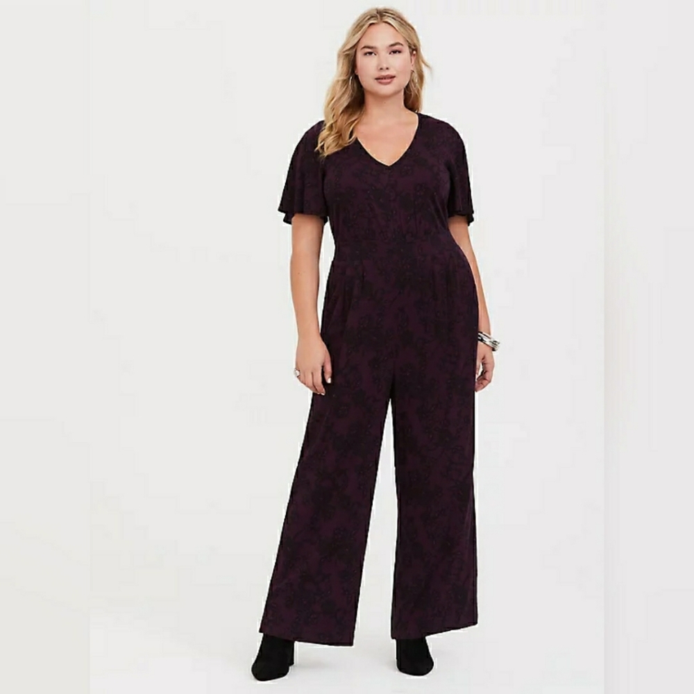 Purple Lace Print Wide Leg Challis Jumpsuit